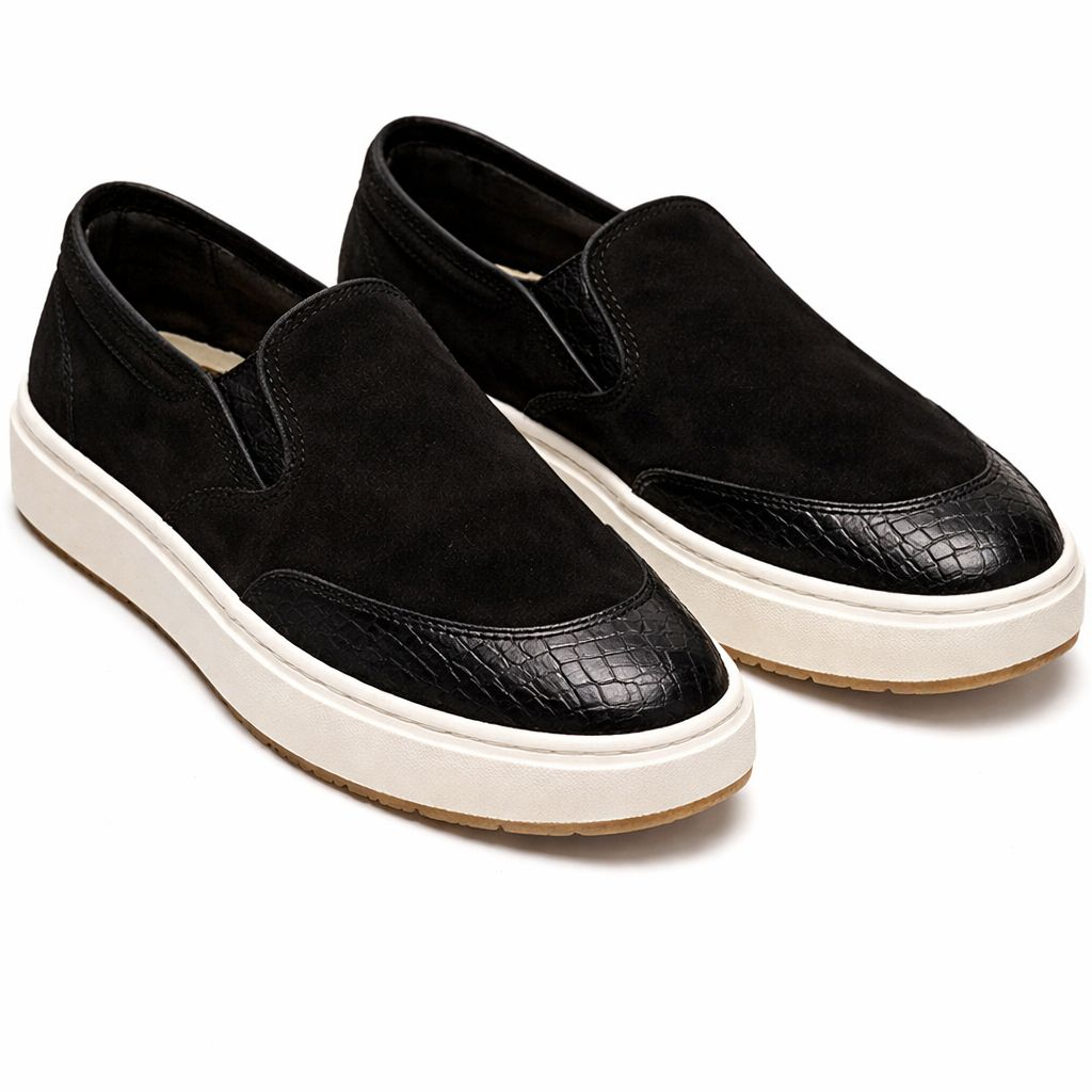 Black Suede SlipOn Shoes with OffWhite Sole